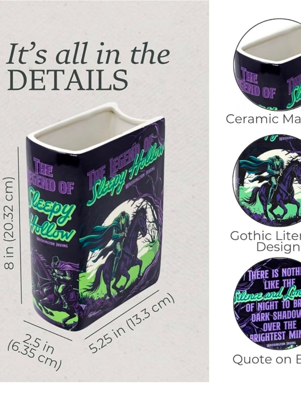 NIB Ceramic Book Vase Legend Of Sleepy Hollow Goth Horror Literary - Picture 3 of 13